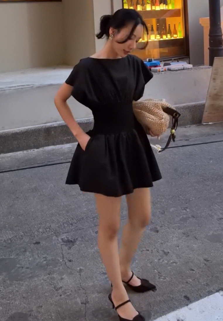 Solid color temperament woven short skirt waist cinching dress CA25091429BE