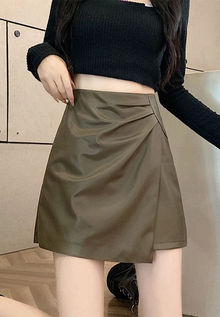 New High Waist Black Irregular Wrapped Hip PU Leather Skirt CA120429BK