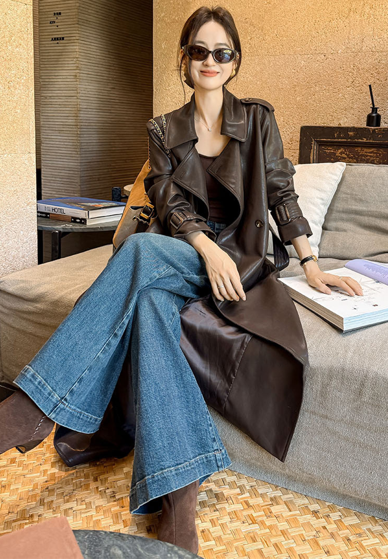 New Autumn Style PU Leather Long Trench Coat CA25102429BK