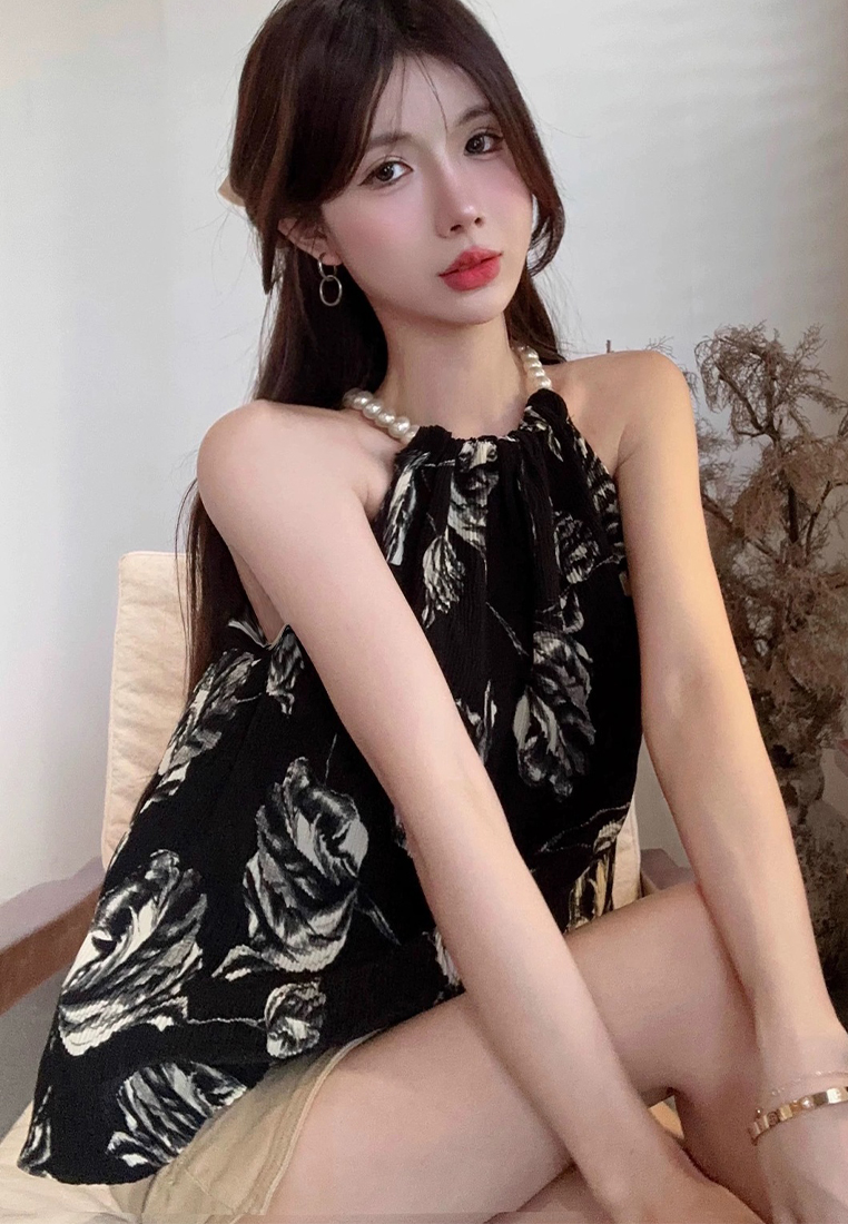 New style bead chain halter neck sleeveless suspender loose top CA24050629BE