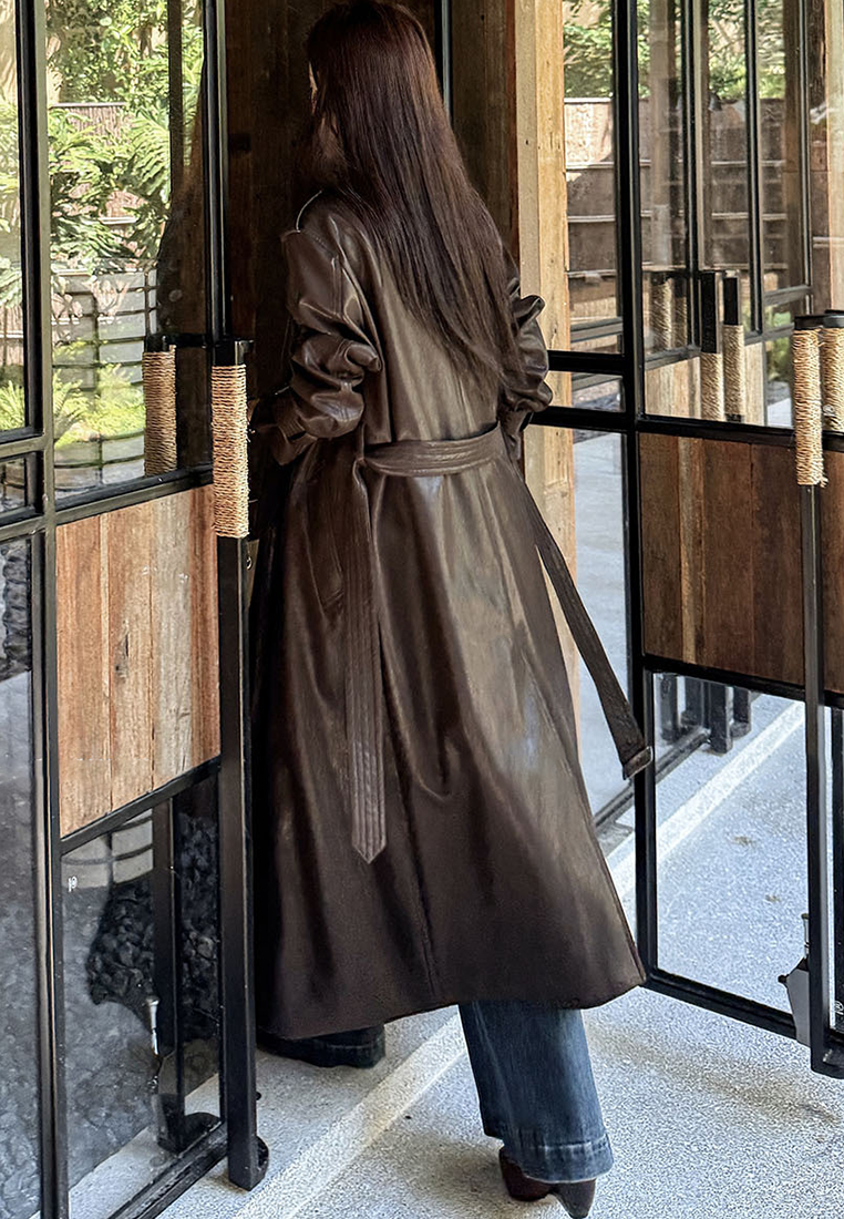 New Autumn Style PU Leather Long Trench Coat CA25102429BK