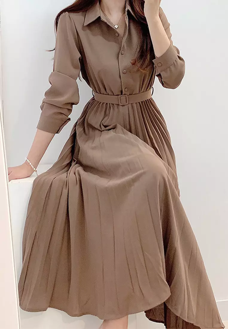 Korean Elegant Single breasted Flip Collar Long Dress CA24092713BW