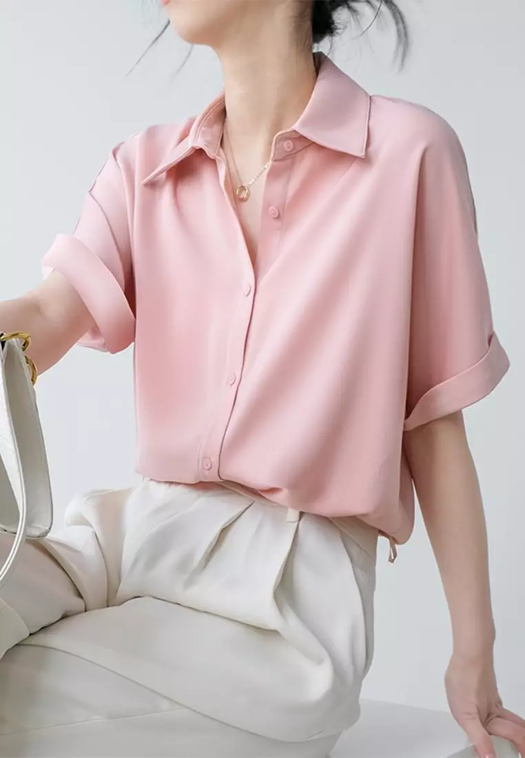 Summer Japanese thin satin drape short-sleeved shirt CA24032503W