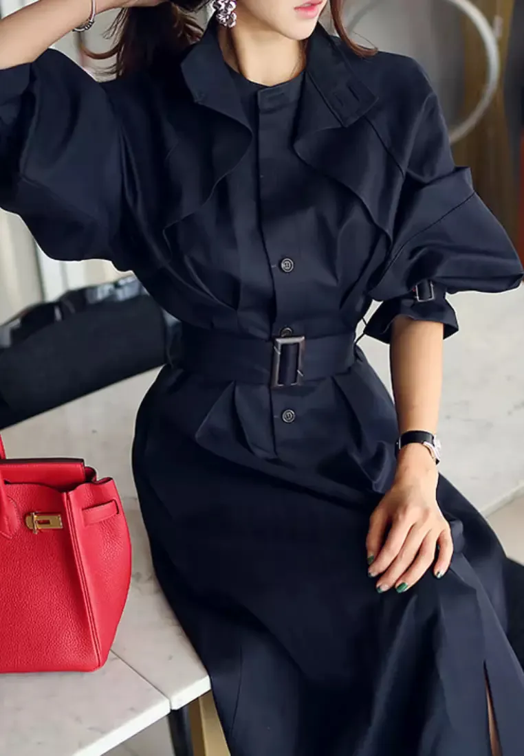 New temperament stand collar retro mid-length trench coat jacket dress K100305