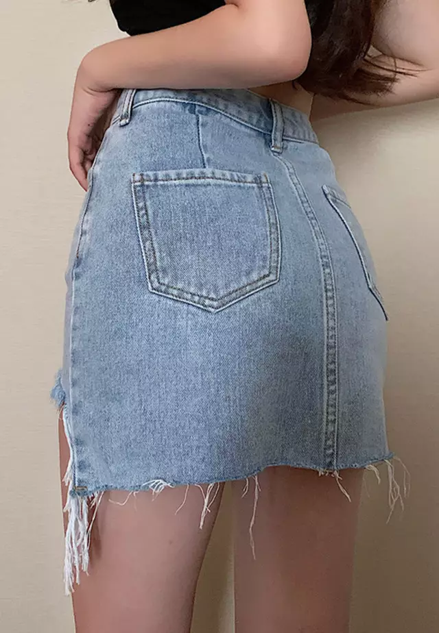 Retro Irregular Tassel High Waist Denim Skirt A21031911BL-M