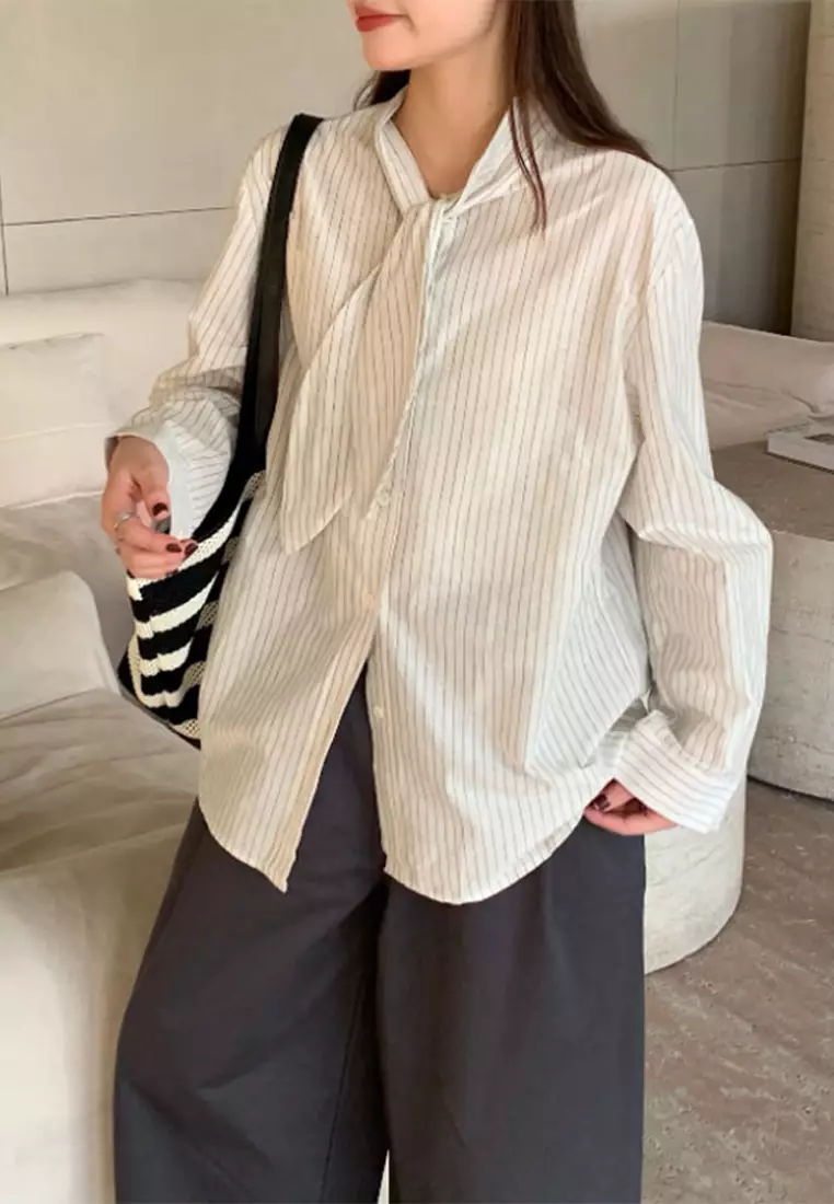 Korean style loose casual shirt with tied straps CA24092502BK