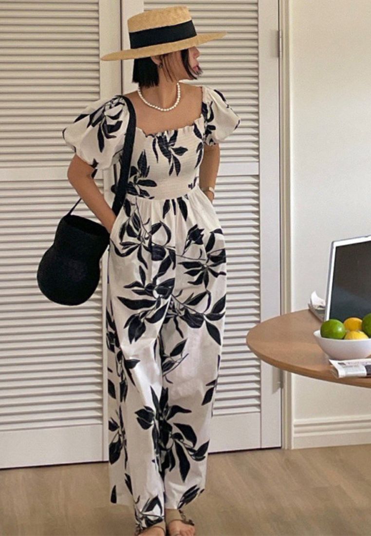 Versatile printed puff-sleeve jumpsuit CA25070920W