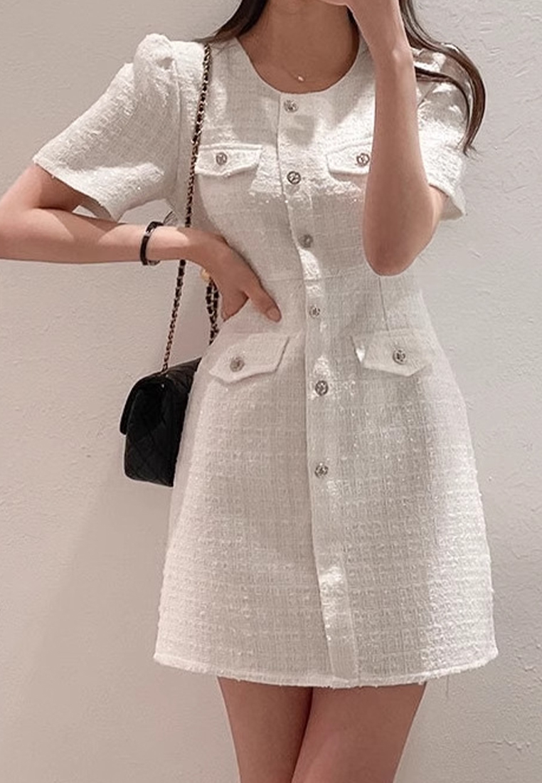 Temperament round neck slim button dress CA25032729W