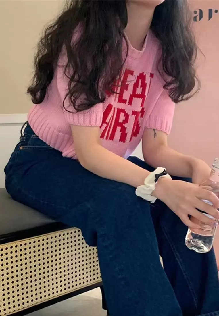 Korean high waisted short sleeved letter knit sweater CA24092712BE