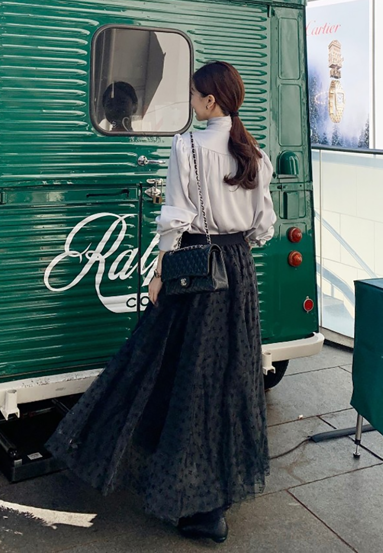 Spring printed high waist mesh long skirt CA25021333BK