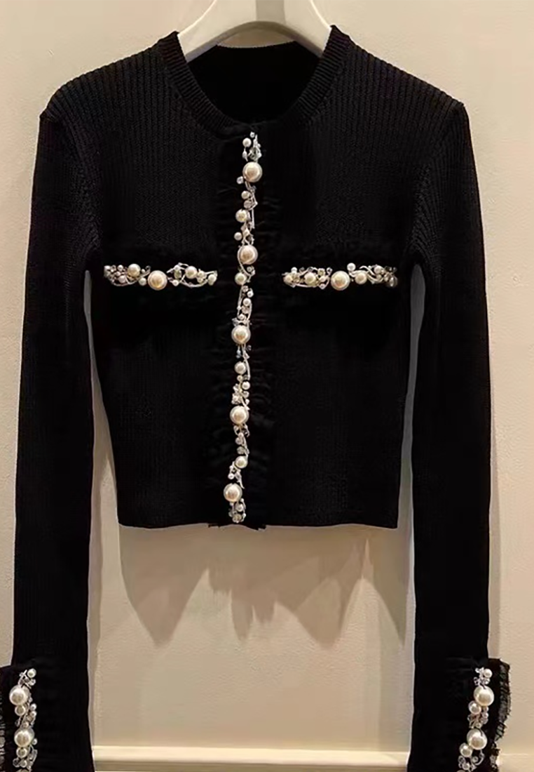 New black small fragrance diamond knitted cardigan CA25110703BK