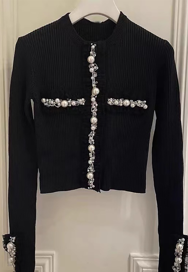 New black small fragrance diamond knitted cardigan CA25110703BK