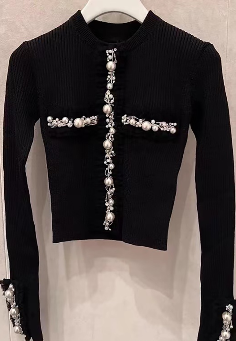 New black small fragrance diamond knitted cardigan CA25110703BK