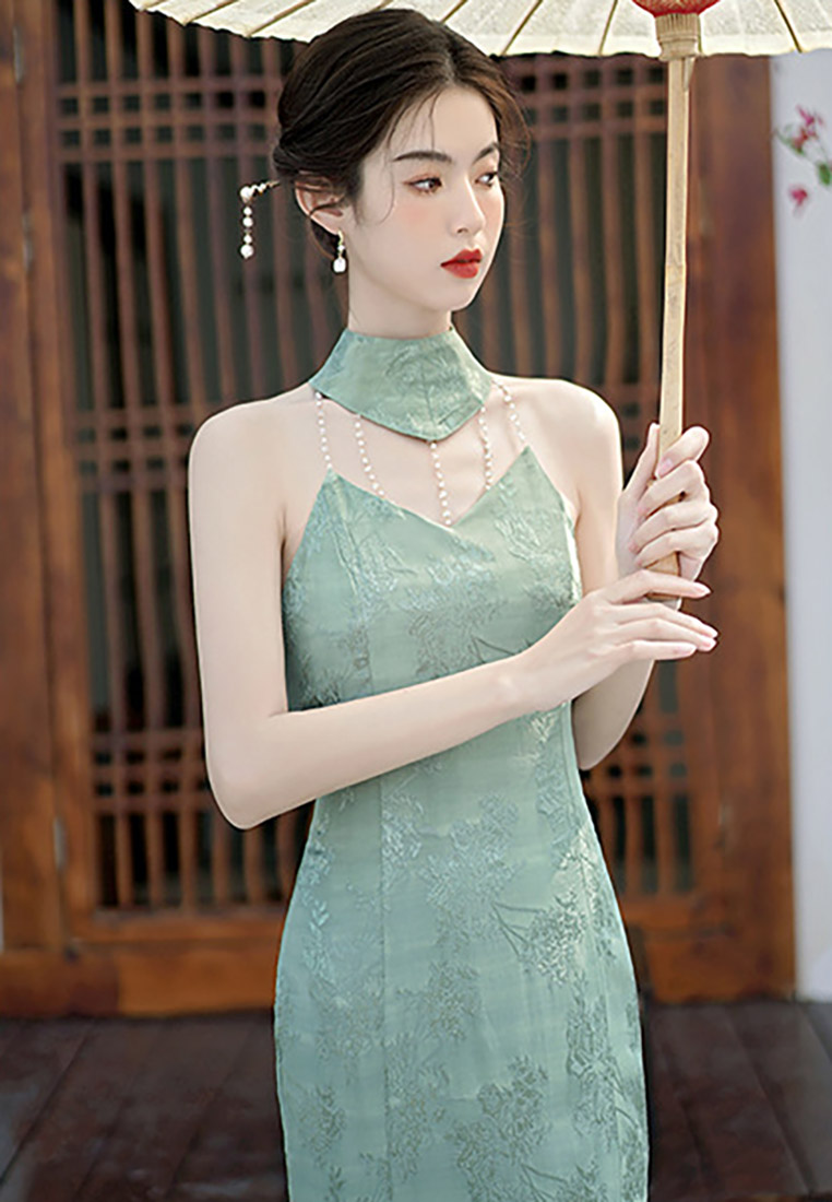 Vintage modified green cheongsam sexy backless halterneck dress CA011003