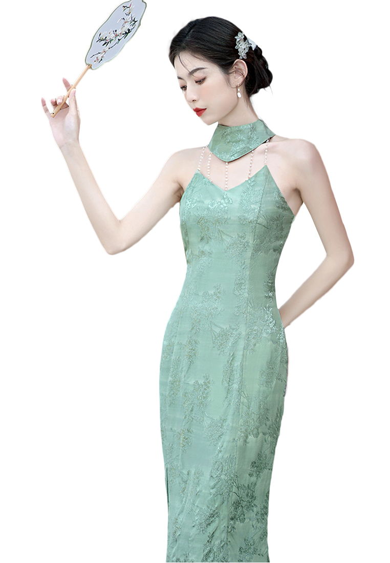 Vintage modified green cheongsam sexy backless halterneck dress CA011003