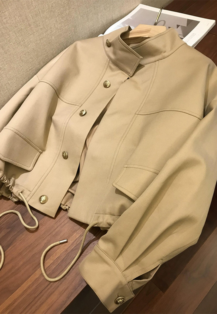 Loose stand collar hem drawstring trench coat short coat CA110203