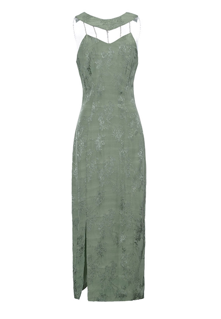 Vintage modified green cheongsam sexy backless halterneck dress CA011003