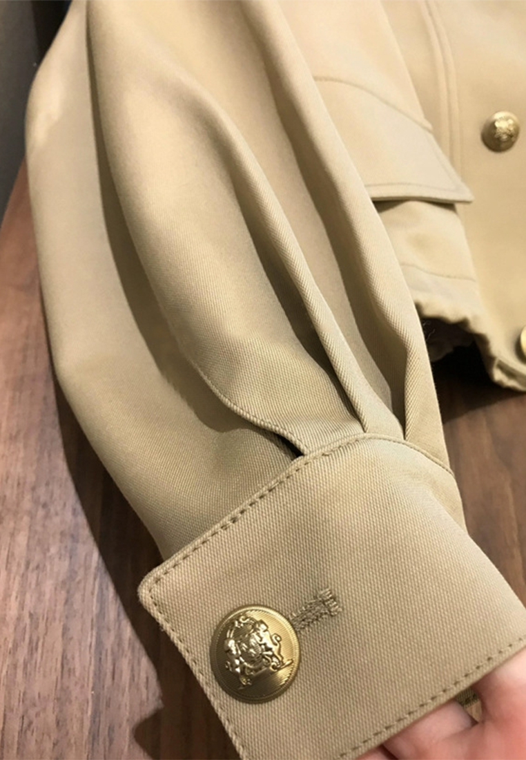 Loose stand collar hem drawstring trench coat short coat CA110203