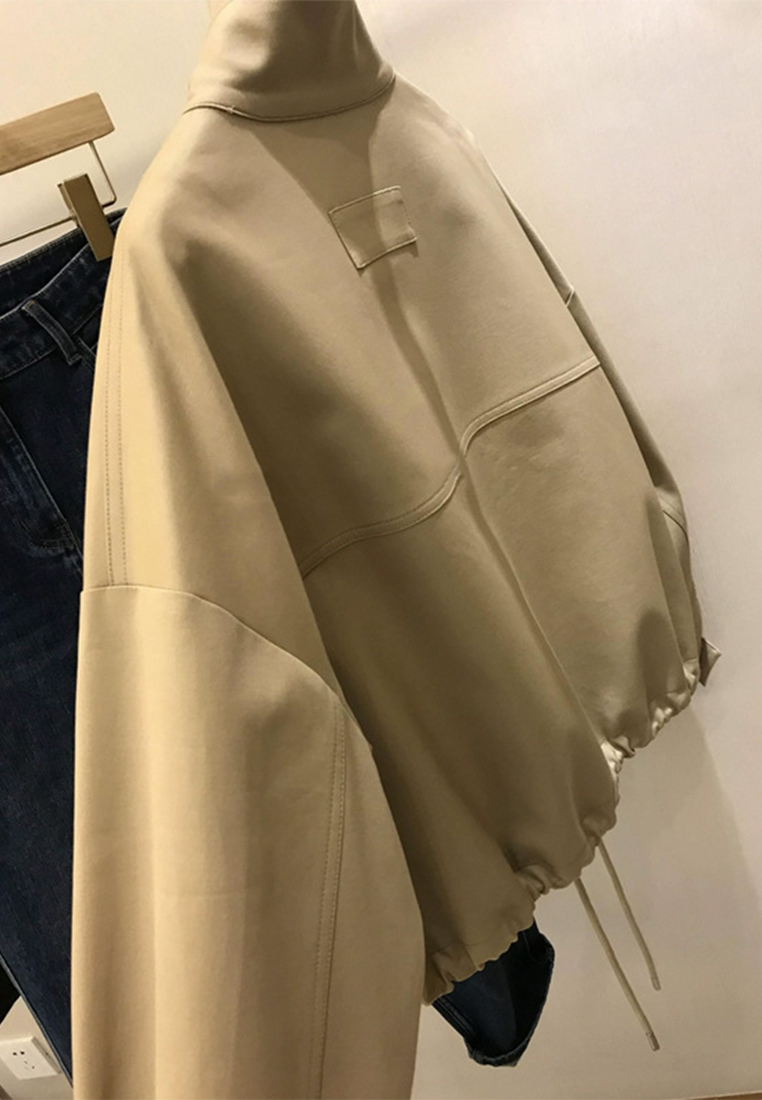 Loose stand collar hem drawstring trench coat short coat CA110203