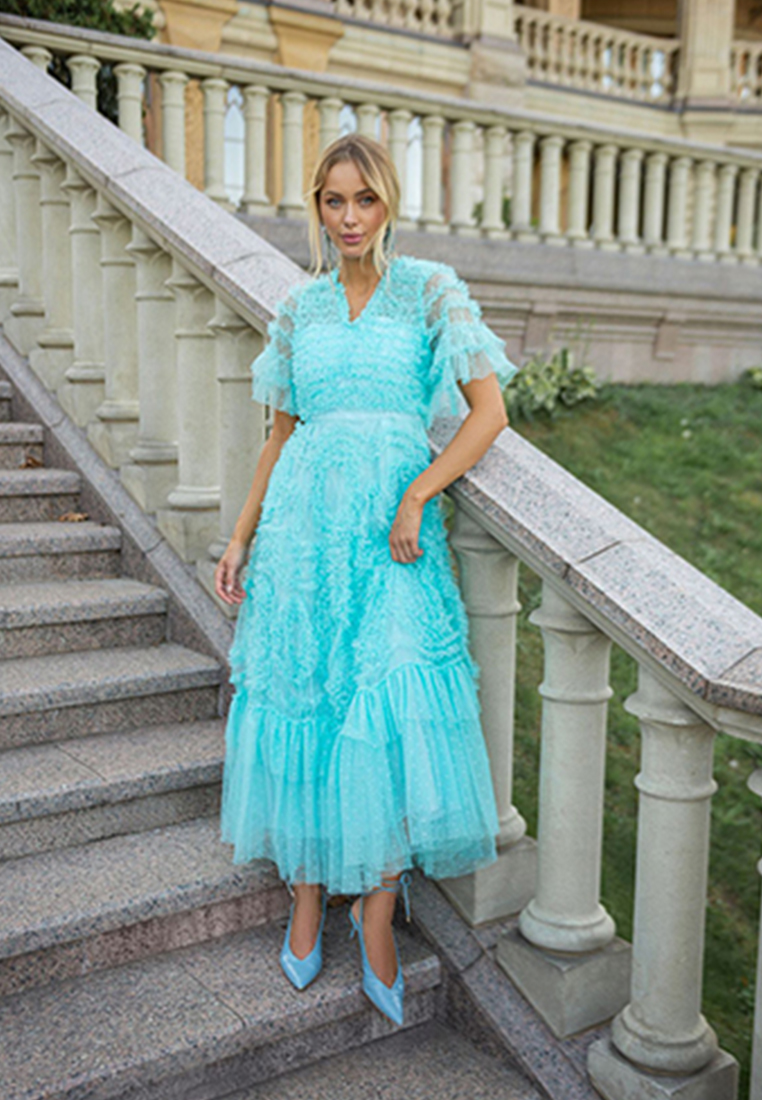 Temperament solid color V-neck dress CA24031903BL