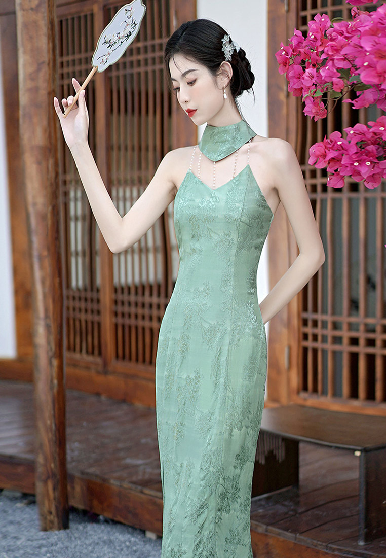Vintage modified green cheongsam sexy backless halterneck dress CA011003