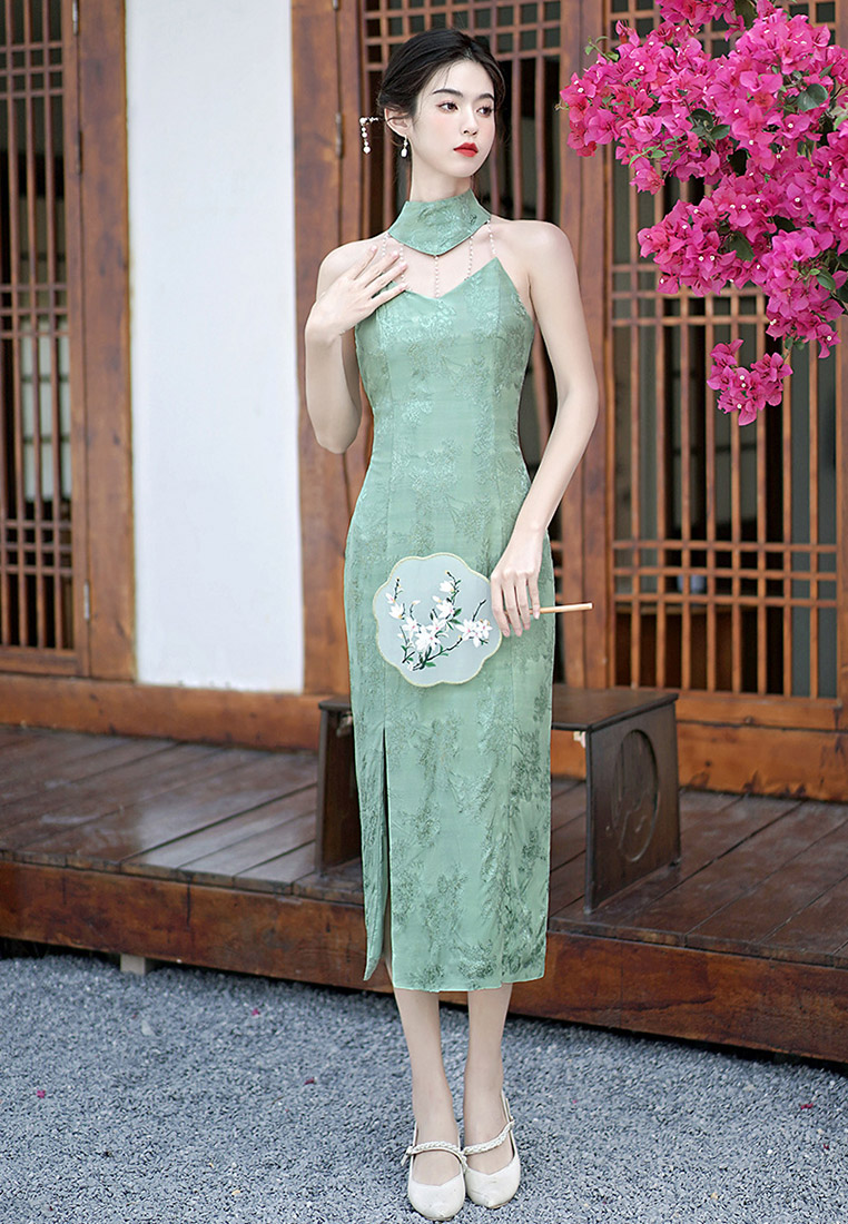 Vintage modified green cheongsam sexy backless halterneck dress CA011003