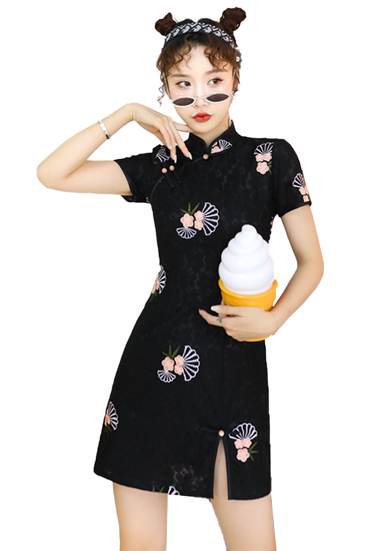 Fashionable and elegant embroidered composite lace cheongsam dress CA122703BK