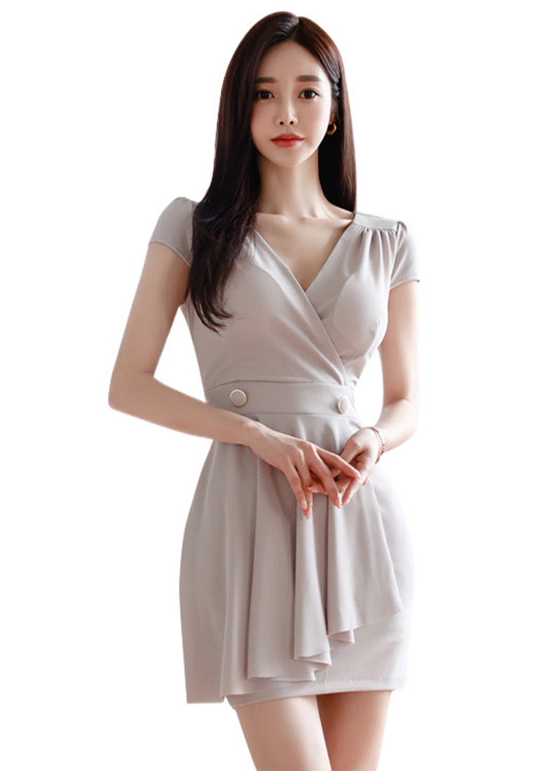 Fashionable new off shoulder short sleeved high waisted dress CA250325303GY