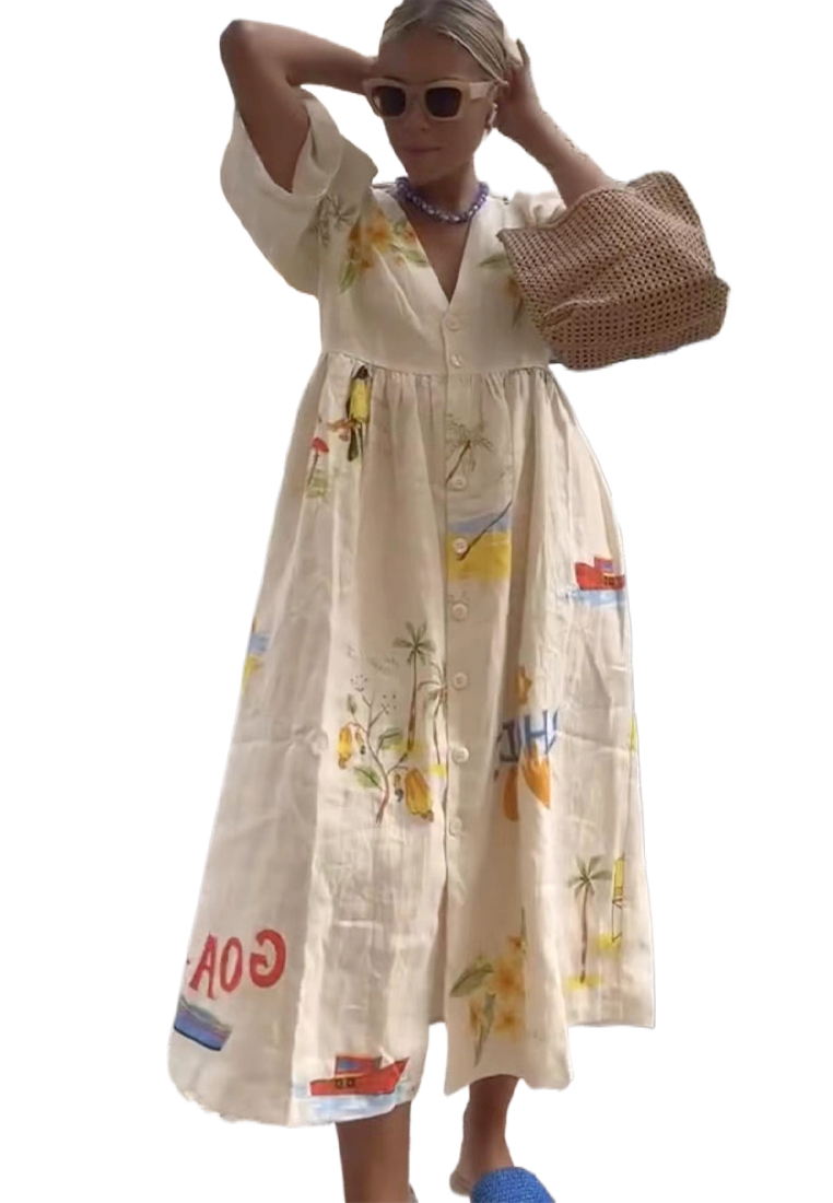 Fashion Printed V-Neck Cute Short Sleeve Loose Dress CA25061703W