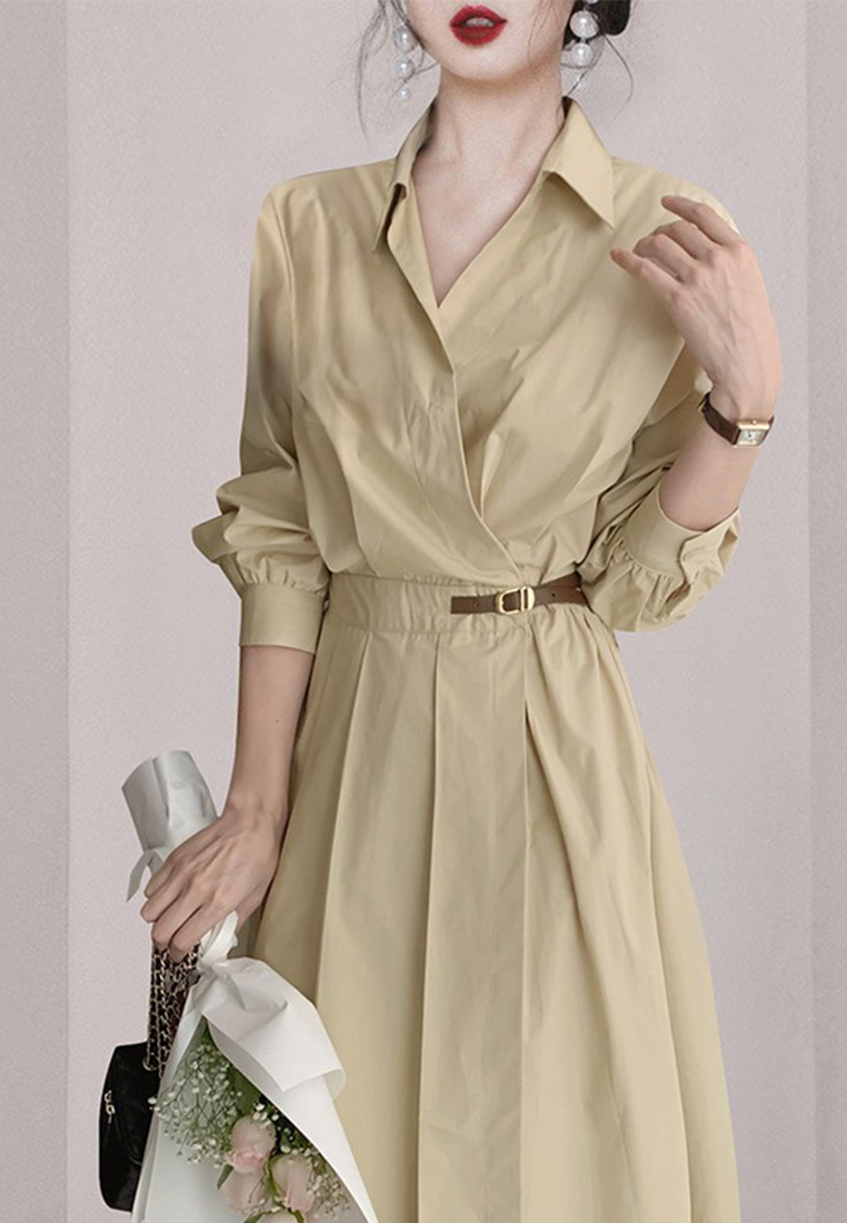 New Temperament Slimming Pleated Long Sleewe shirt office Dress