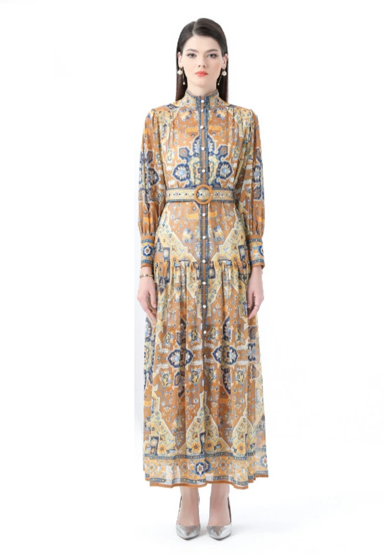 Vintage stand up collar wavy edge printed dress CA25031203YE