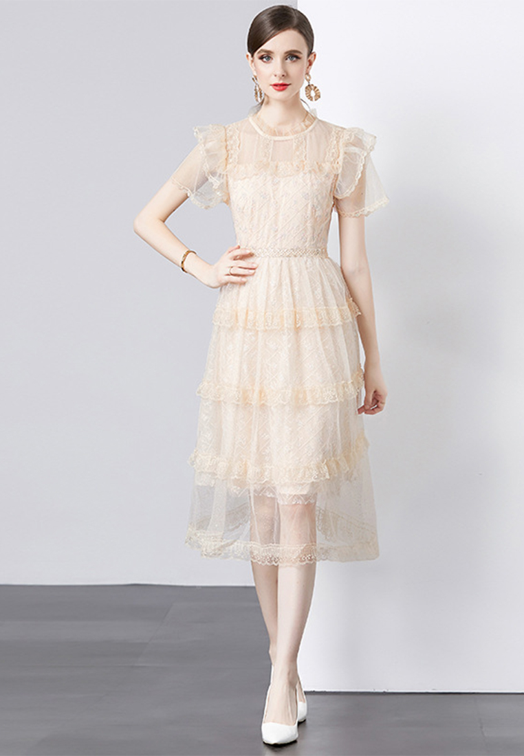 2024 New slim fit beige mid length dress CA24032603BE