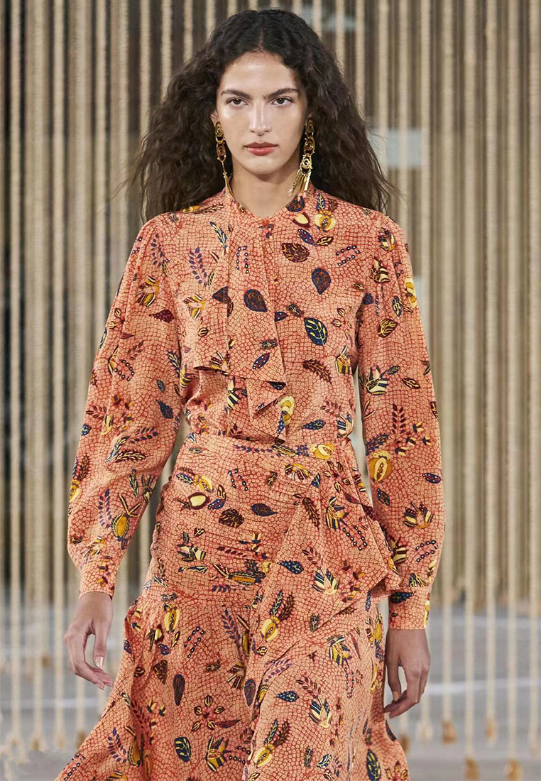 2024 Autumn New Printed Lantern Sleeve Long Dress CA24081603OR