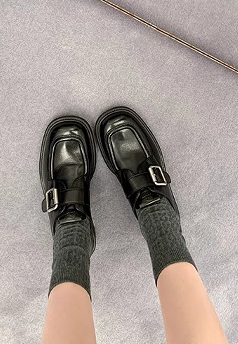 Square-toe buckle thick-heeled loafers CA25051601BK