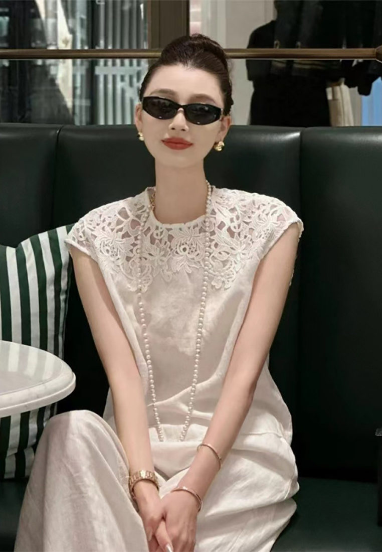 Summer new lace patchwork hollow top + pants set CA25070903W