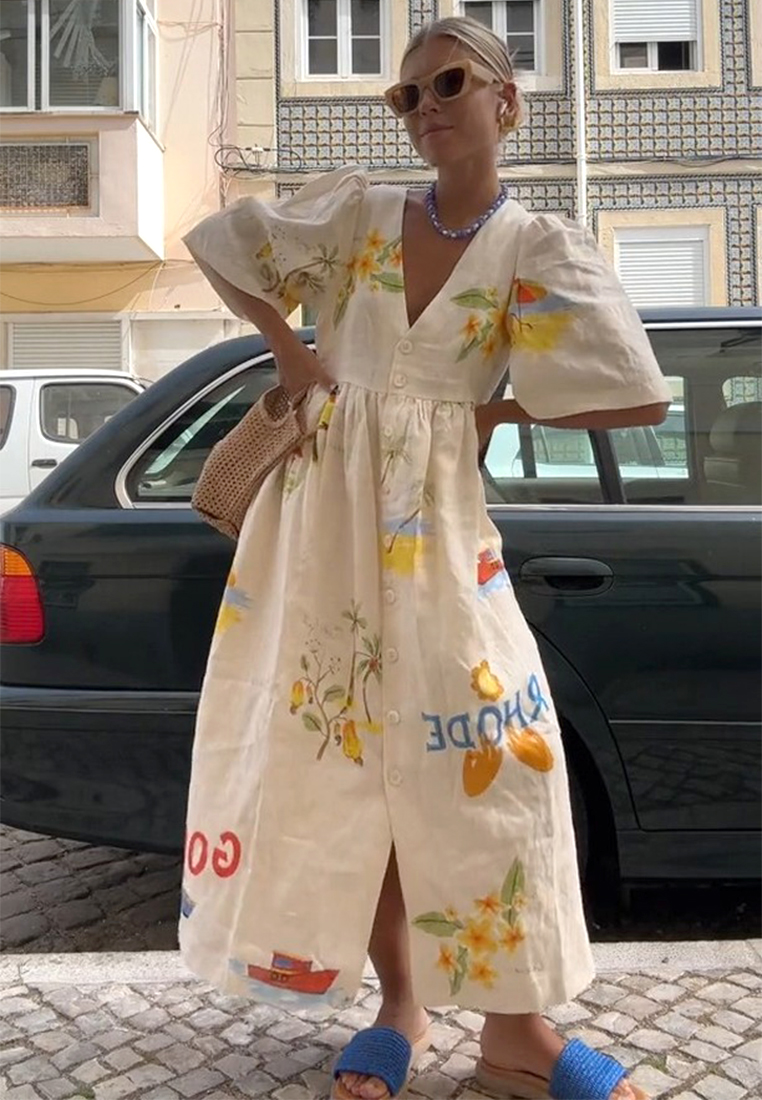 Fashion Printed V-Neck Cute Short Sleeve Loose Dress CA25061703W