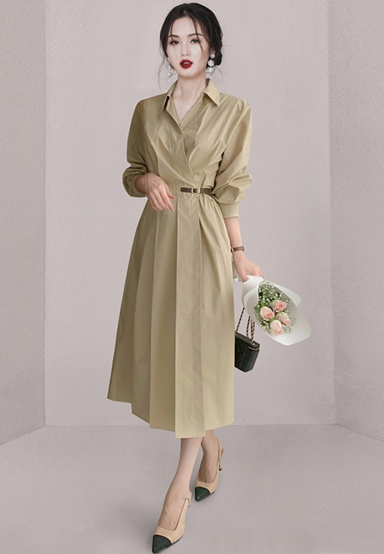 New Temperament Slimming Pleated Long Sleewe shirt office Dress