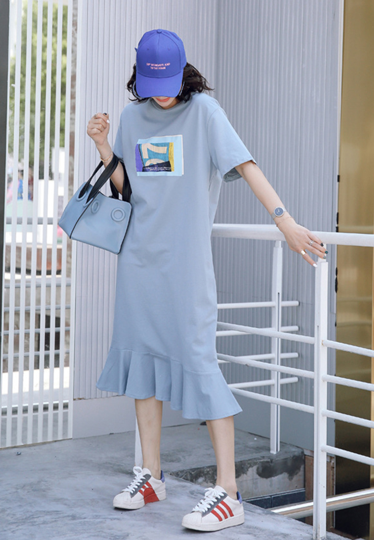 Summer short-sleeved T-shirt skirt loose fishtail dress simple slouchy over the knee 9107