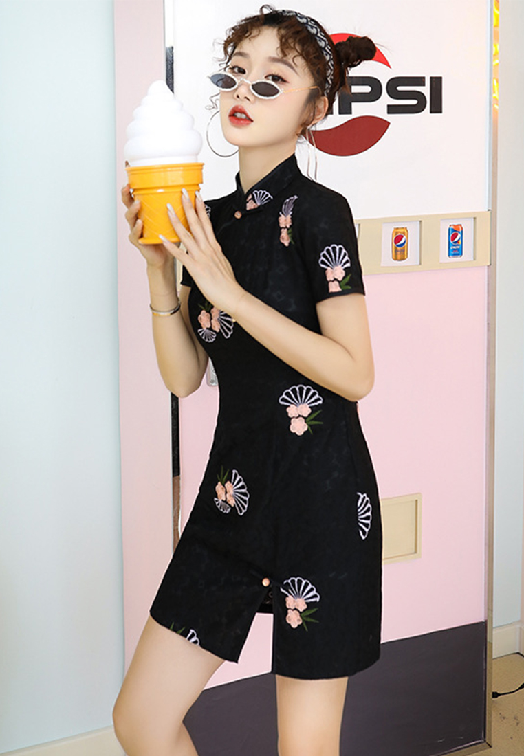 Fashionable and elegant embroidered composite lace cheongsam dress CA122703BK