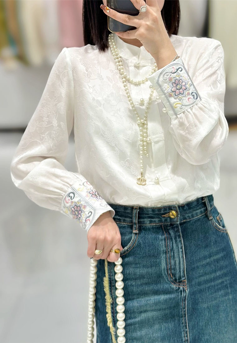 Light luxury new Chinese style cuff embroidered silk intertwined shirt CA010603