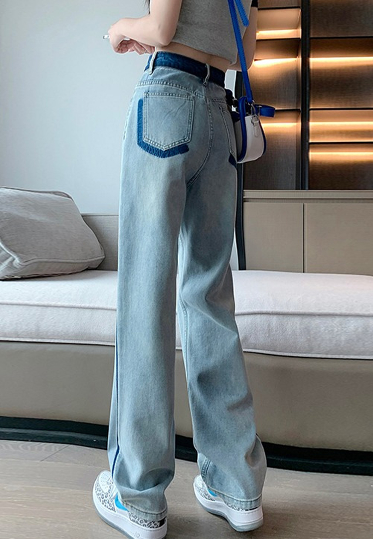 Fashionable Stylish High Waist Contrast Color Straight Jeans A110603