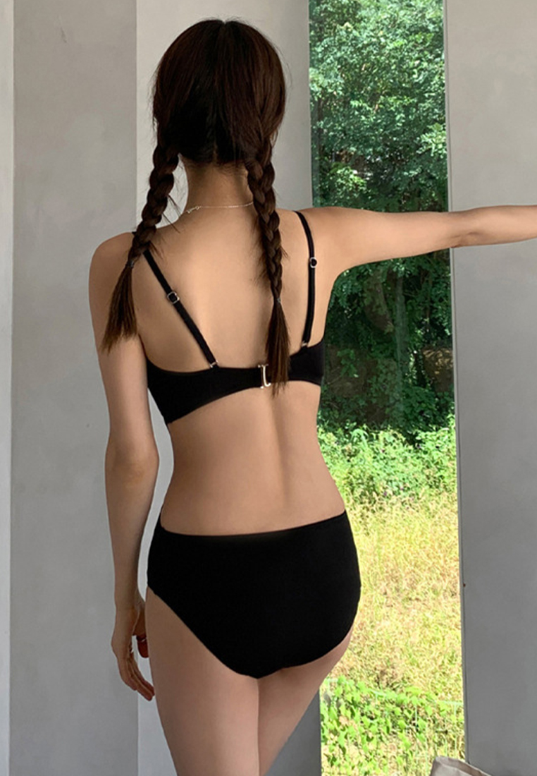 Japanese and Korean solid color suspender one-piece swimsuit CA24032103BK