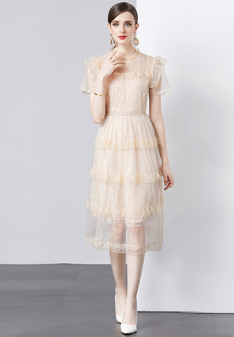 2024 New slim fit beige mid length dress CA24032603BE