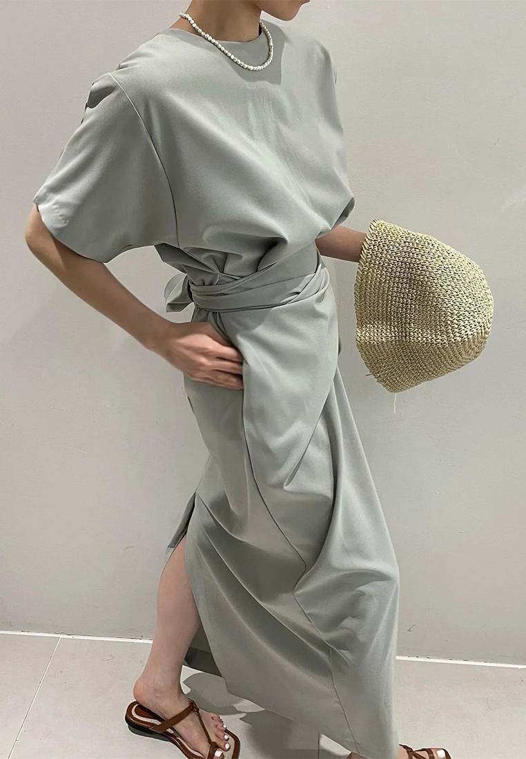 Korean chic irregular lace waist slit short sleeve dress CA24062003