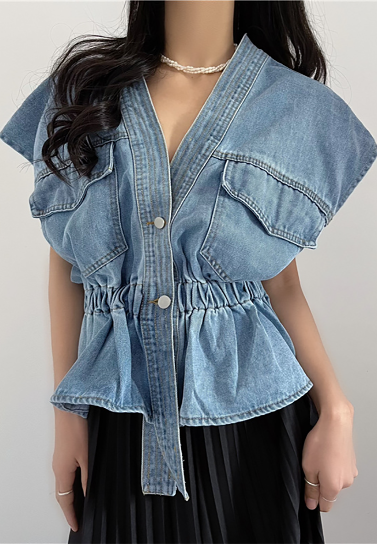 New summer product, sleeveless denim vest with waist and long skirt set CA25042903