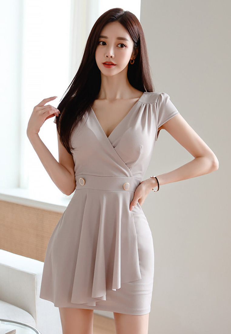 Fashionable new off shoulder short sleeved high waisted dress CA250325303GY