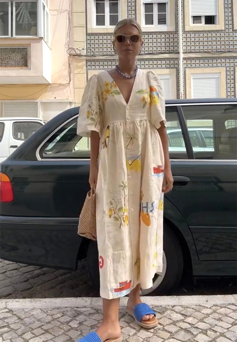 Fashion Printed V-Neck Cute Short Sleeve Loose Dress CA25061703W