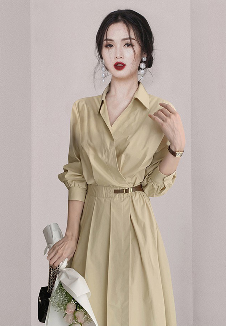 New Temperament Slimming Pleated Long Sleewe shirt office Dress