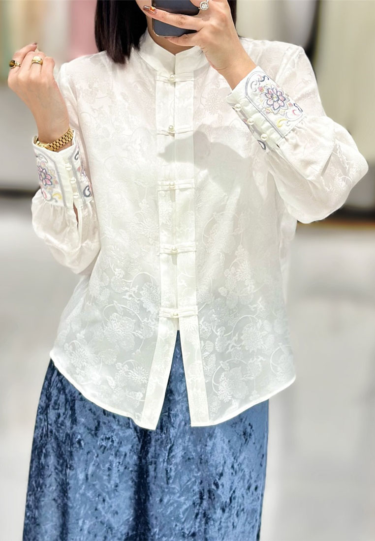 Light luxury new Chinese style cuff embroidered silk intertwined shirt CA010603
