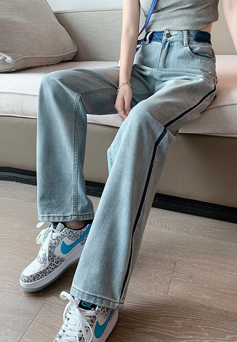 Fashionable Stylish High Waist Contrast Color Straight Jeans A110603